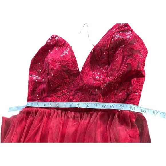 Fashion Nova Dress Cherry Red Ayana Corset Sequin Tulle Mesh Overlay Double Slit - Picture 10 of 16